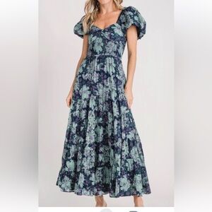 Free People- Size S- Nocturne Floral dress.  Navy-Purple-Green with puff sleeves